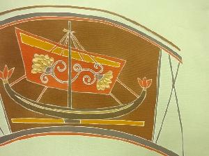 アンティーク　塩瀬手描き船に花唐草模様刺繍名古屋帯